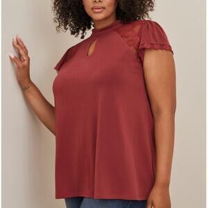 TORRID Studio Crepe Jersey Mock Neck Lace Pieced Keyhole Top Madder Brown Size 2